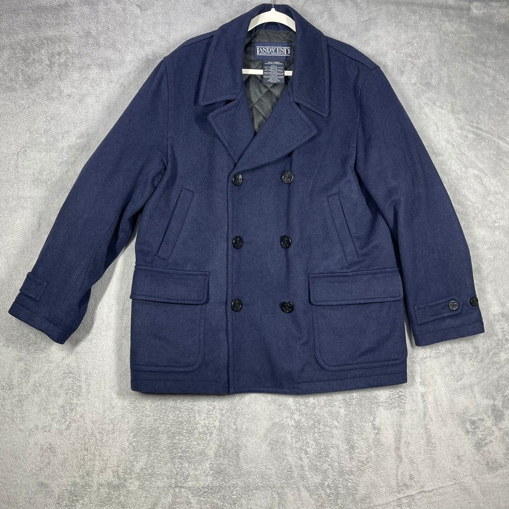 Lands End Mens Large 42-44 Wool Cashmere Peacoat Navy Insulated Vintage